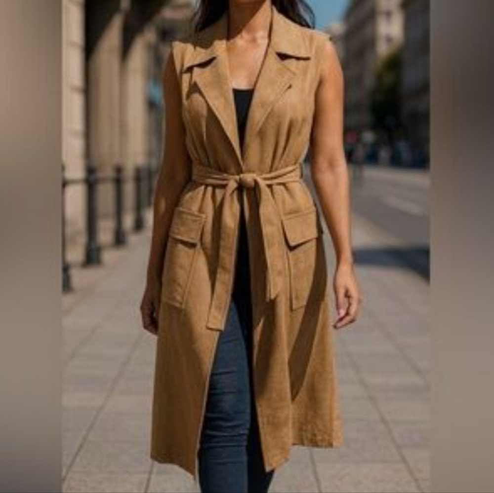 Faux Suede Long Trench Vest Camel Tan Womens Size M Boho Chic Modern Western‎